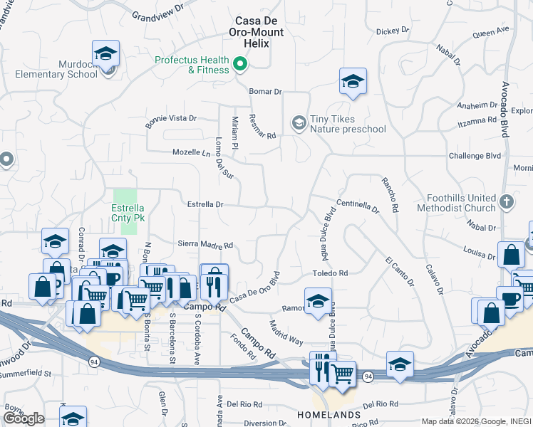 map of restaurants, bars, coffee shops, grocery stores, and more near 10117 Cliffwood Drive in La Mesa