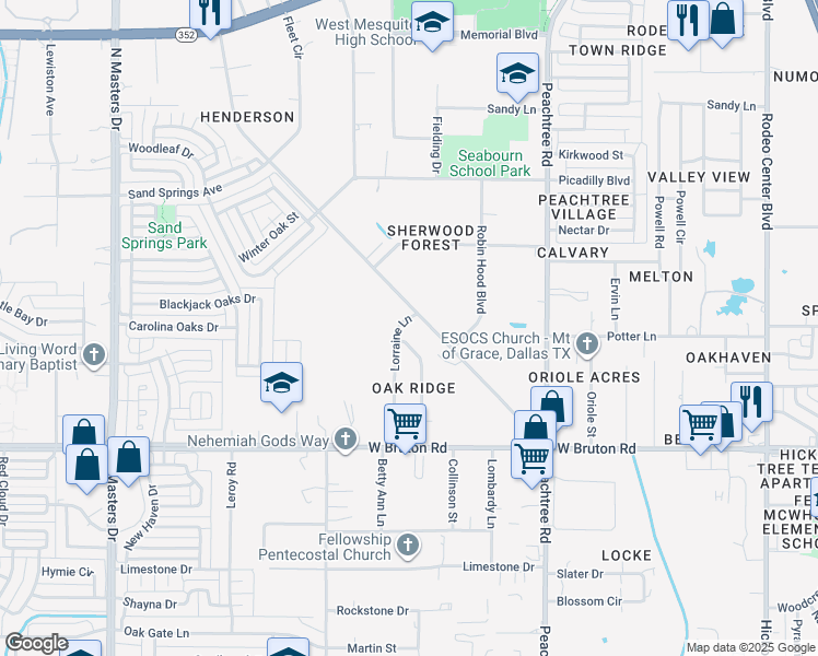 map of restaurants, bars, coffee shops, grocery stores, and more near 1609 South Sam Houston Road in Mesquite