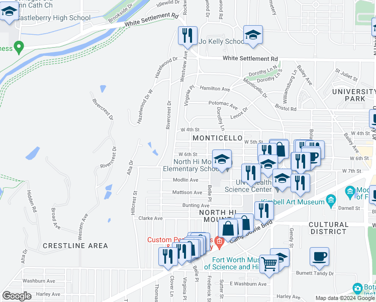 map of restaurants, bars, coffee shops, grocery stores, and more near 4000 West 6th Street in Fort Worth