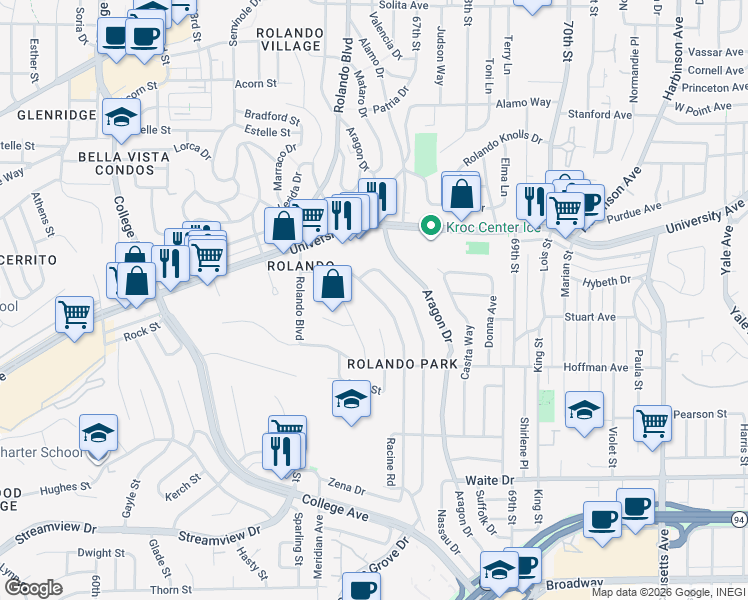 map of restaurants, bars, coffee shops, grocery stores, and more near 4092 Vista Grande Drive in San Diego