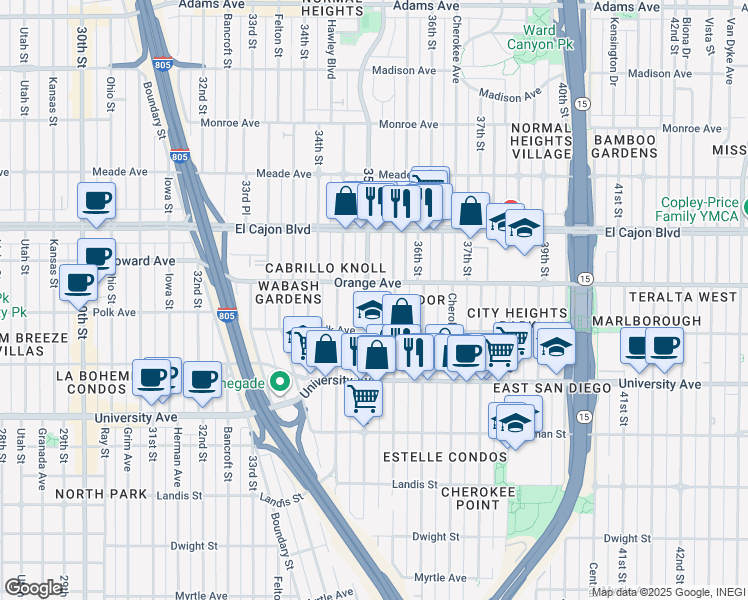 map of restaurants, bars, coffee shops, grocery stores, and more near 4159-63 35th Street in San Diego