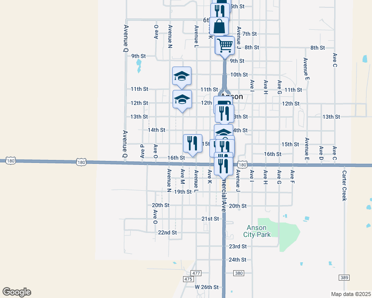 map of restaurants, bars, coffee shops, grocery stores, and more near 1507 Avenue M in Anson