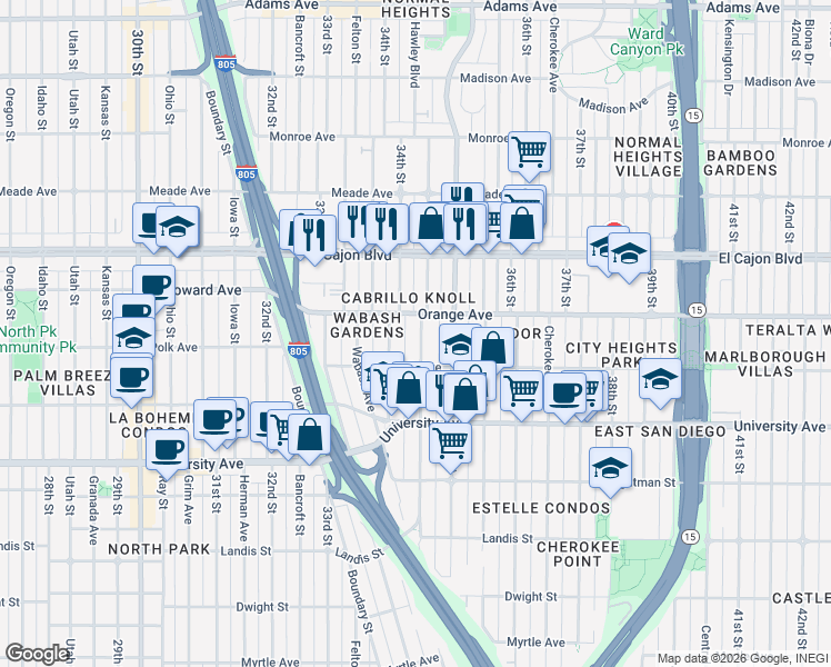 map of restaurants, bars, coffee shops, grocery stores, and more near 4151 34th Street in San Diego