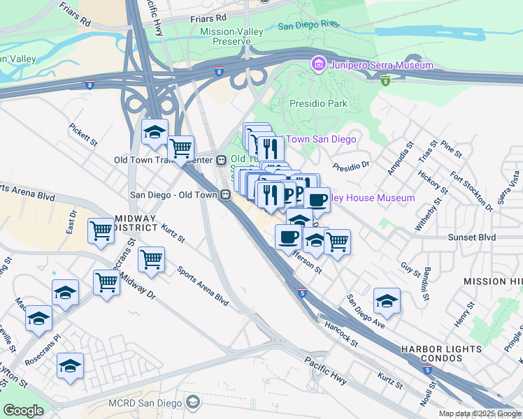 map of restaurants, bars, coffee shops, grocery stores, and more near 2543 Congress Street in San Diego