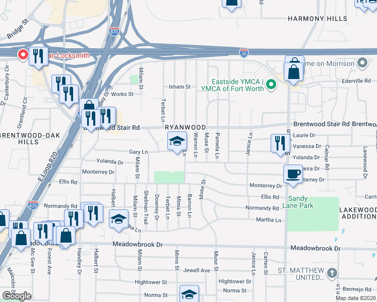 map of restaurants, bars, coffee shops, grocery stores, and more near 1817 Barron Lane in Fort Worth