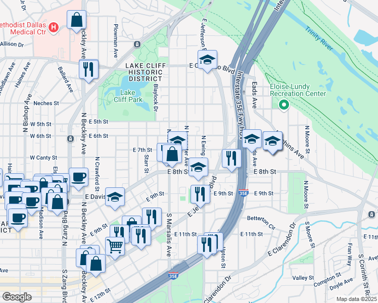 map of restaurants, bars, coffee shops, grocery stores, and more near 336 North Lancaster Avenue in Dallas