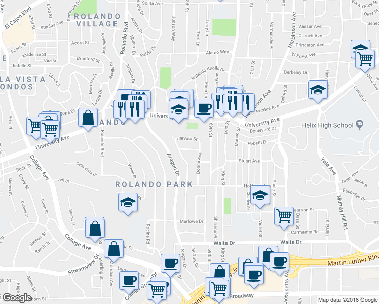 map of restaurants, bars, coffee shops, grocery stores, and more near 6825 Missy Court in San Diego