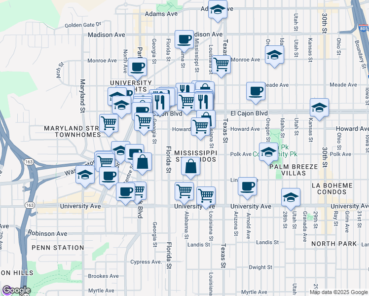 map of restaurants, bars, coffee shops, grocery stores, and more near 4119 1/2 Alabama Street in San Diego