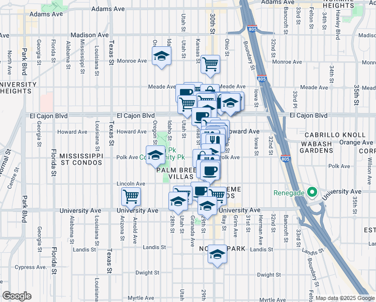 map of restaurants, bars, coffee shops, grocery stores, and more near 2876 Polk Avenue in San Diego