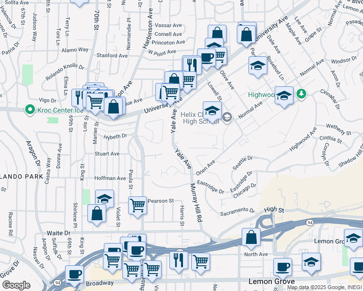 map of restaurants, bars, coffee shops, grocery stores, and more near 7325 Ouro Place in La Mesa