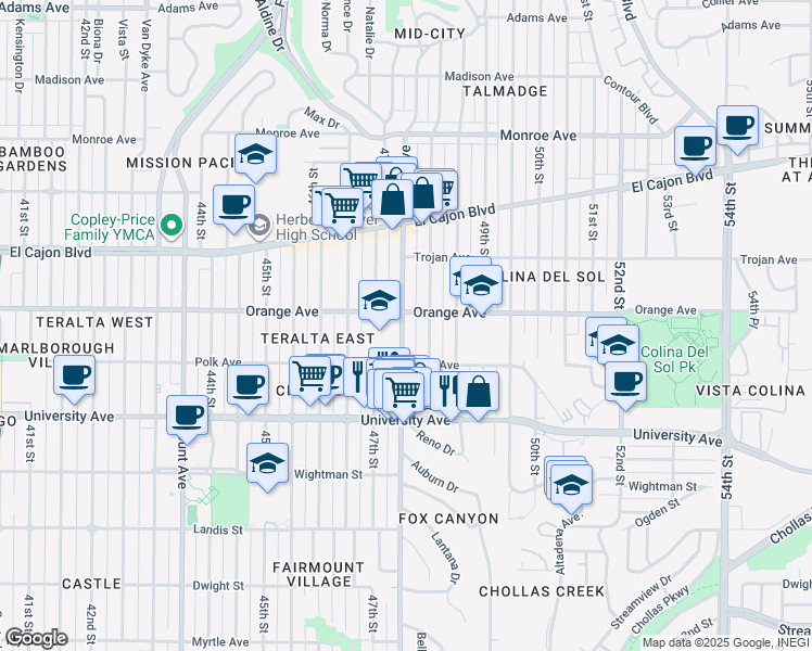 map of restaurants, bars, coffee shops, grocery stores, and more near 4166 48th Street in San Diego