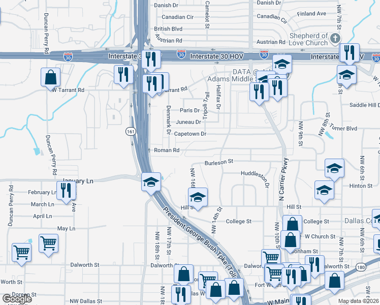 map of restaurants, bars, coffee shops, grocery stores, and more near 1509 Roman Road in Grand Prairie