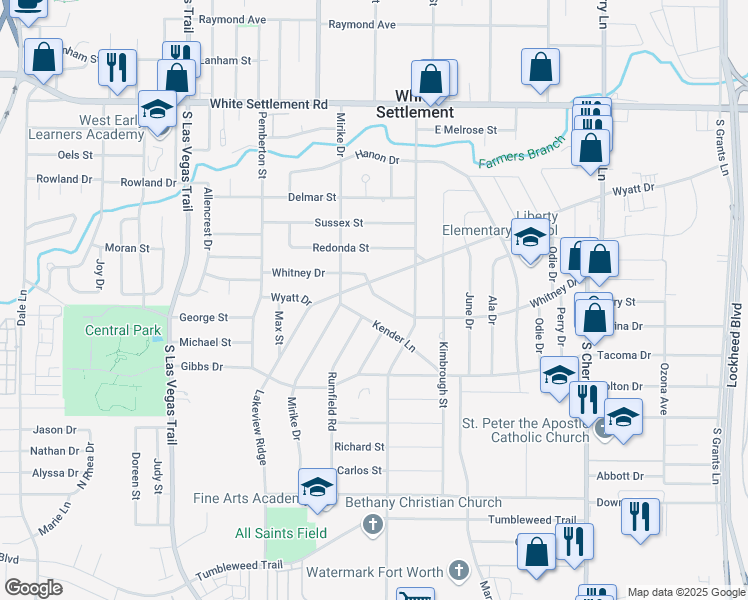 map of restaurants, bars, coffee shops, grocery stores, and more near 8319 Whitney Drive in Fort Worth