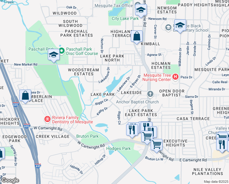 map of restaurants, bars, coffee shops, grocery stores, and more near 1141 Lakeview Drive in Mesquite