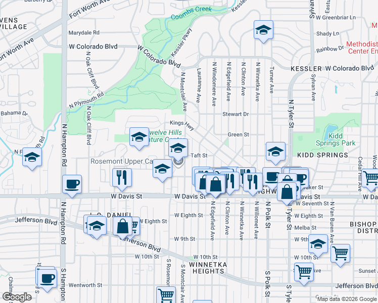 map of restaurants, bars, coffee shops, grocery stores, and more near 806 North Montclair Avenue in Dallas