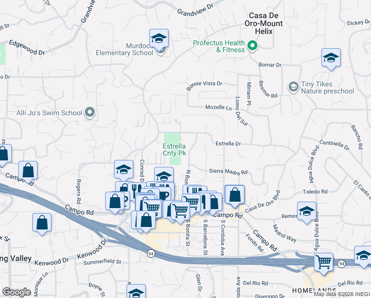 map of restaurants, bars, coffee shops, grocery stores, and more near 4144 North Bonita Street in Spring Valley