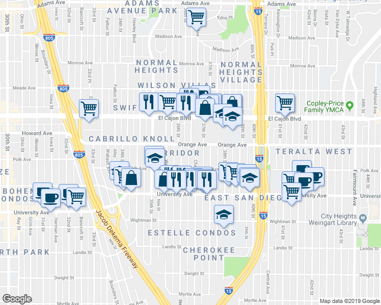 map of restaurants, bars, coffee shops, grocery stores, and more near 4164 Cherokee Avenue in San Diego