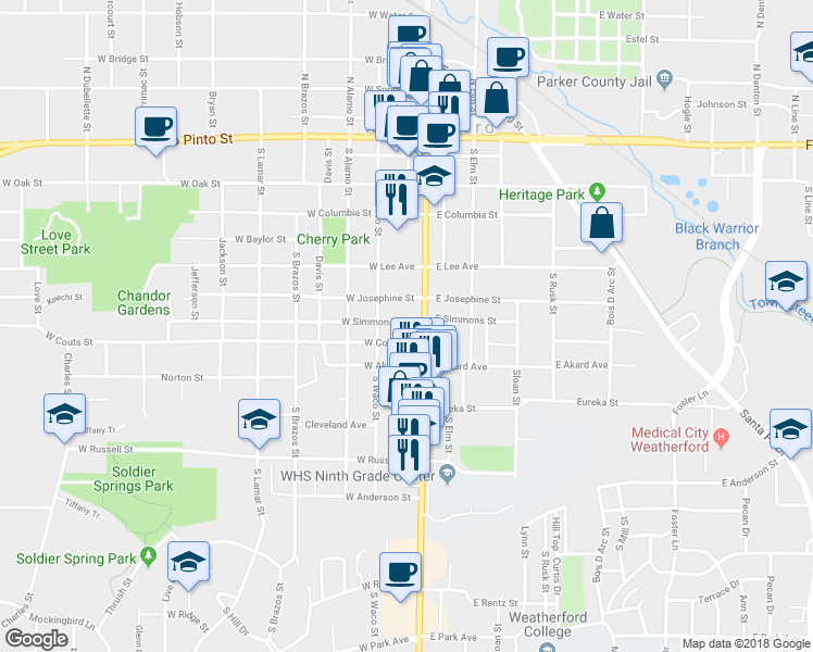 map of restaurants, bars, coffee shops, grocery stores, and more near 600 South Main Street in Weatherford