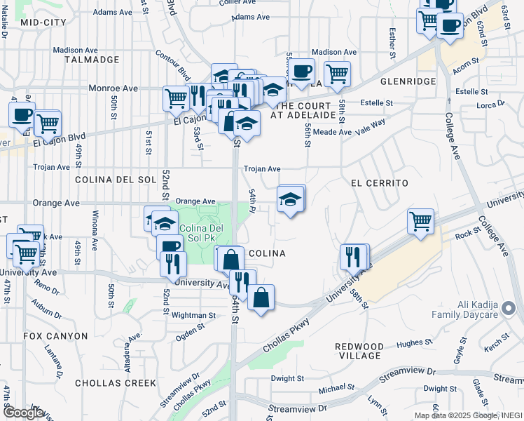 map of restaurants, bars, coffee shops, grocery stores, and more near 5447 Mandarin Cove in San Diego