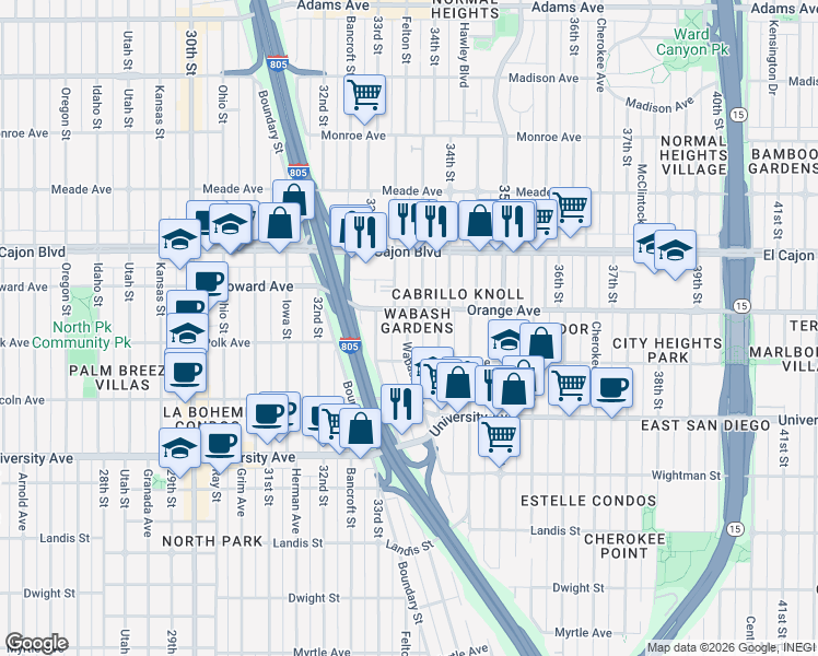 map of restaurants, bars, coffee shops, grocery stores, and more near 4149 Wabash Avenue in San Diego