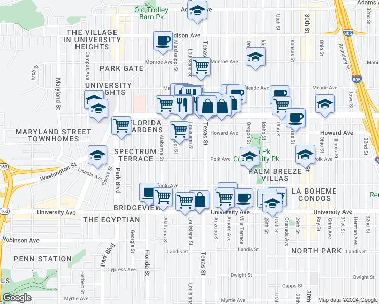 map of restaurants, bars, coffee shops, grocery stores, and more near 4121 Louisiana Street in San Diego