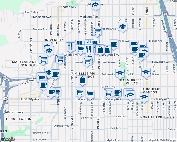 map of restaurants, bars, coffee shops, grocery stores, and more near 4115 Mississippi Street in San Diego