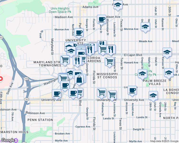 map of restaurants, bars, coffee shops, grocery stores, and more near 4112 Florida Street in San Diego
