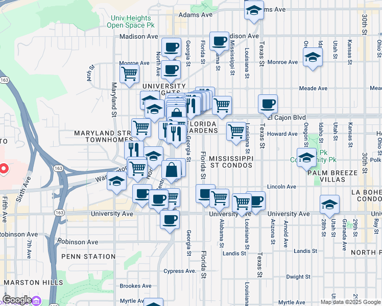 map of restaurants, bars, coffee shops, grocery stores, and more near 4114 Georgia Street in San Diego