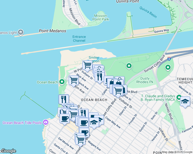 map of restaurants, bars, coffee shops, grocery stores, and more near 2229 Bacon Street in San Diego