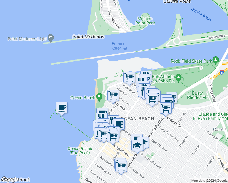 map of restaurants, bars, coffee shops, grocery stores, and more near 5157 Long Branch Avenue in San Diego