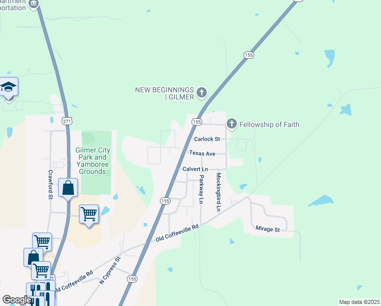map of restaurants, bars, coffee shops, grocery stores, and more near 106 Texas Avenue in Gilmer