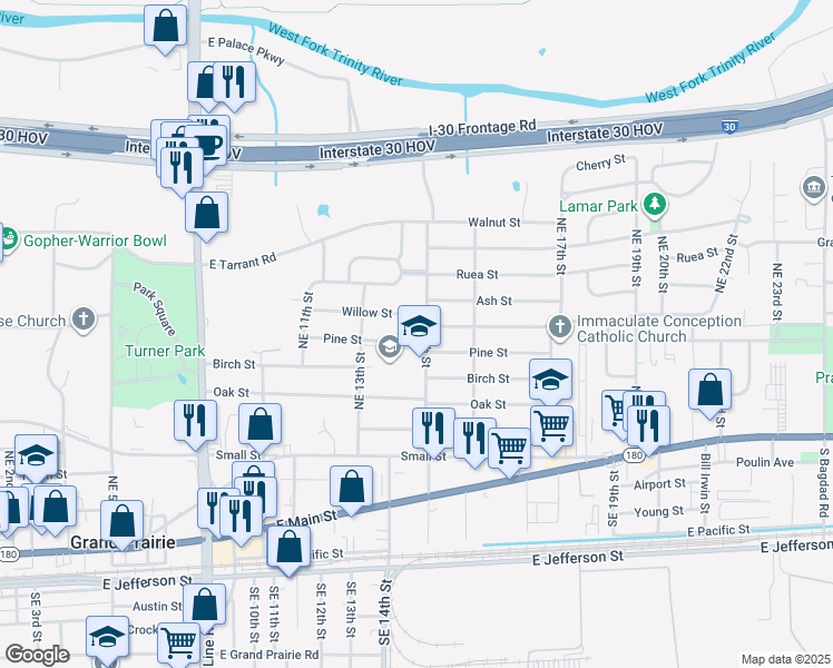 map of restaurants, bars, coffee shops, grocery stores, and more near 1402 Pine Street in Grand Prairie