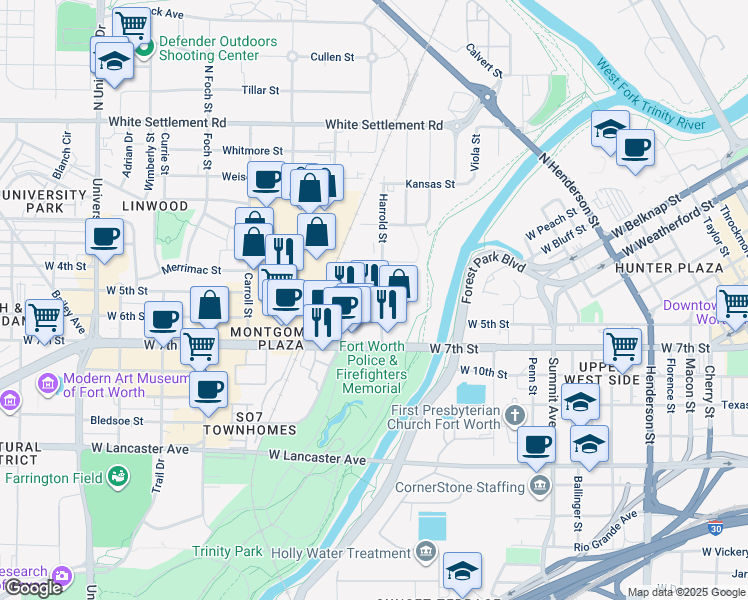 map of restaurants, bars, coffee shops, grocery stores, and more near 2301 West 5th Street in Fort Worth