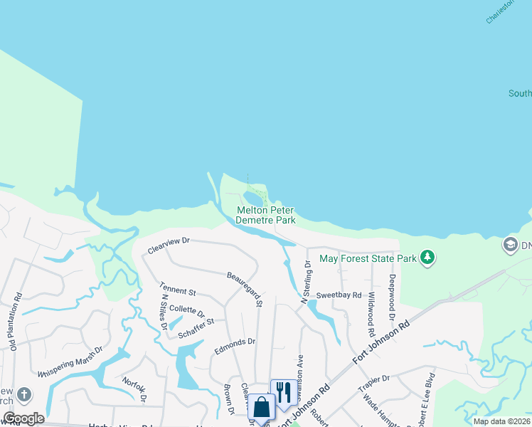 map of restaurants, bars, coffee shops, grocery stores, and more near 646 Wampler Drive in Charleston