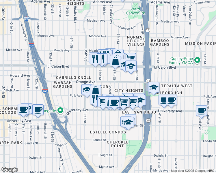 map of restaurants, bars, coffee shops, grocery stores, and more near 4164 Cherokee Avenue in San Diego