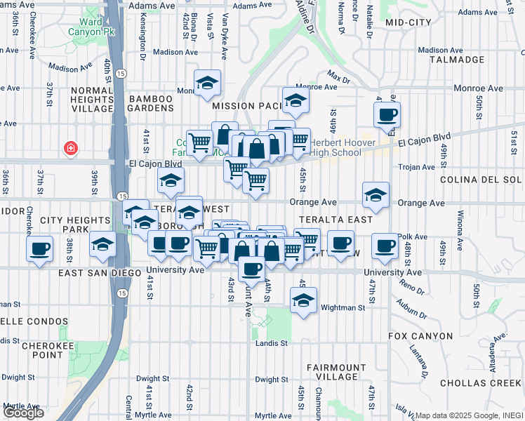 map of restaurants, bars, coffee shops, grocery stores, and more near 4157 Fairmount Avenue in San Diego