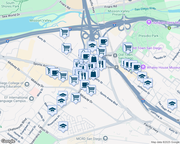 map of restaurants, bars, coffee shops, grocery stores, and more near 3768 Rosecrans Street in San Diego