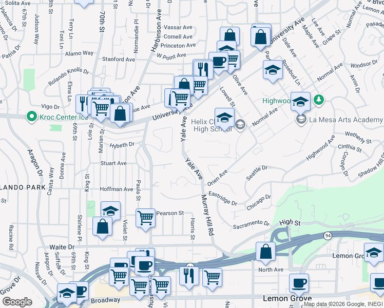 map of restaurants, bars, coffee shops, grocery stores, and more near 7325 Ouro Place in La Mesa