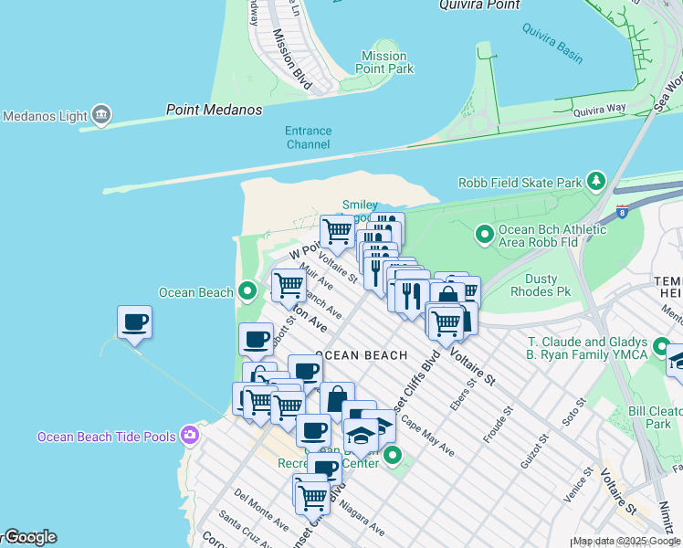 map of restaurants, bars, coffee shops, grocery stores, and more near 5045 Voltaire Street in San Diego