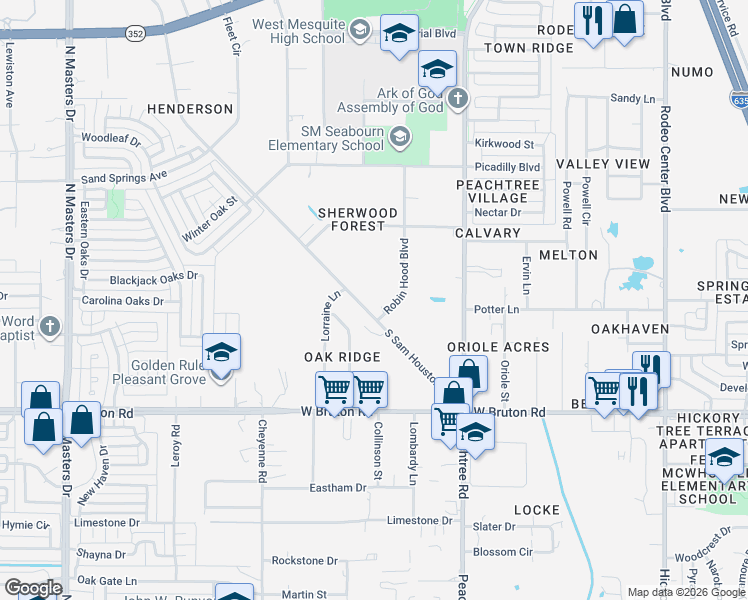 map of restaurants, bars, coffee shops, grocery stores, and more near 1135 Robin Hood Boulevard in Mesquite