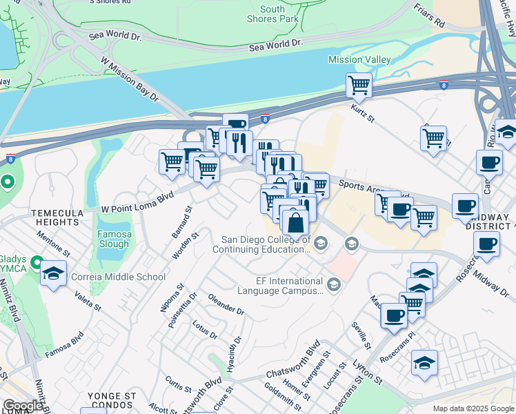 map of restaurants, bars, coffee shops, grocery stores, and more near 3202 Duke Street in San Diego