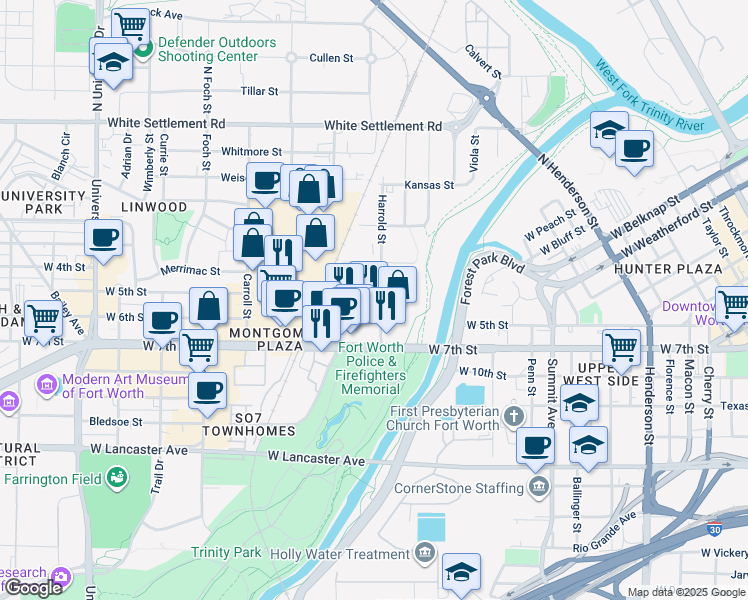 map of restaurants, bars, coffee shops, grocery stores, and more near 600 Harrold Street in Fort Worth