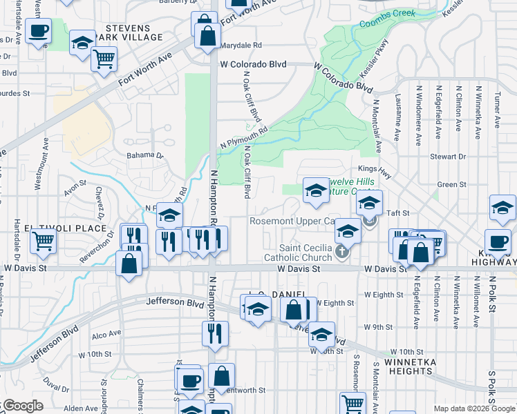 map of restaurants, bars, coffee shops, grocery stores, and more near 2200 Kessler Parkway in Dallas