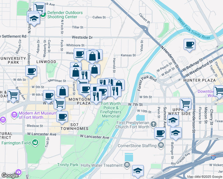 map of restaurants, bars, coffee shops, grocery stores, and more near 2301 West 5th Street in Fort Worth