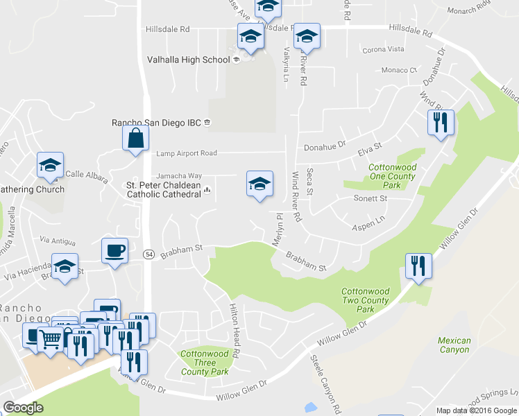 map of restaurants, bars, coffee shops, grocery stores, and more near 1702 Porterfield Place in El Cajon