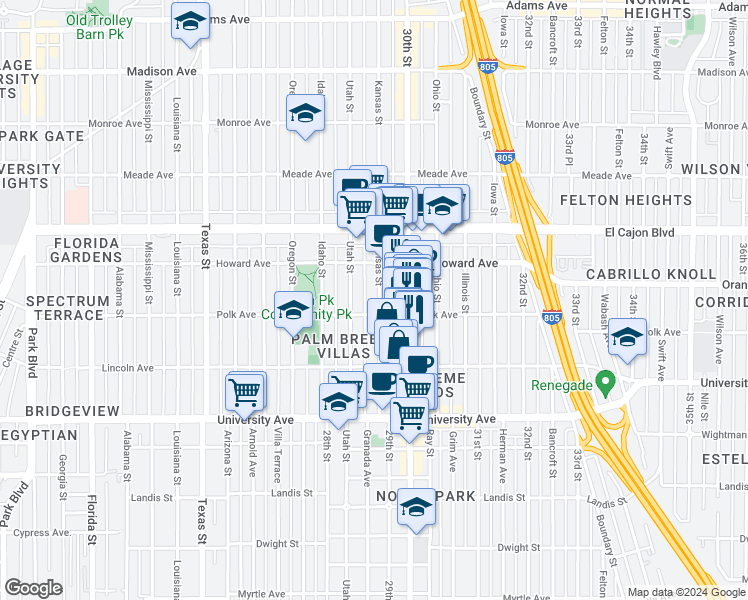 map of restaurants, bars, coffee shops, grocery stores, and more near 4120 Kansas Street in San Diego