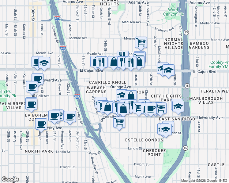 map of restaurants, bars, coffee shops, grocery stores, and more near 4165 Swift Avenue in San Diego