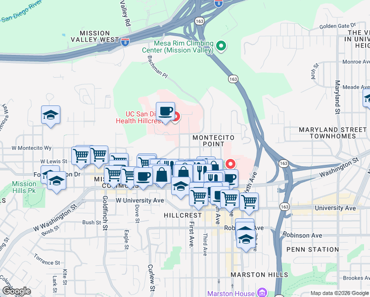 map of restaurants, bars, coffee shops, grocery stores, and more near 4130 Front Street in San Diego