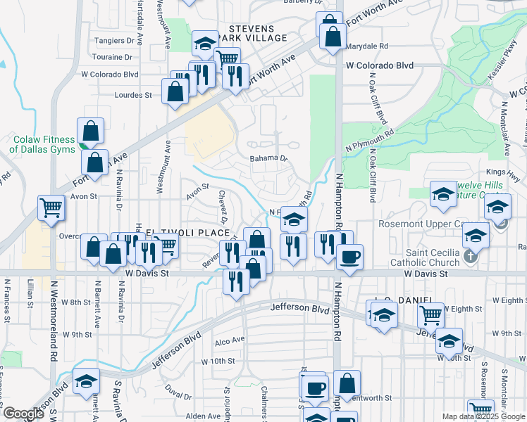 map of restaurants, bars, coffee shops, grocery stores, and more near 729 North Plymouth Road in Dallas