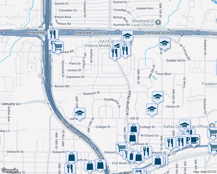 map of restaurants, bars, coffee shops, grocery stores, and more near 1201 Roman Road in Grand Prairie